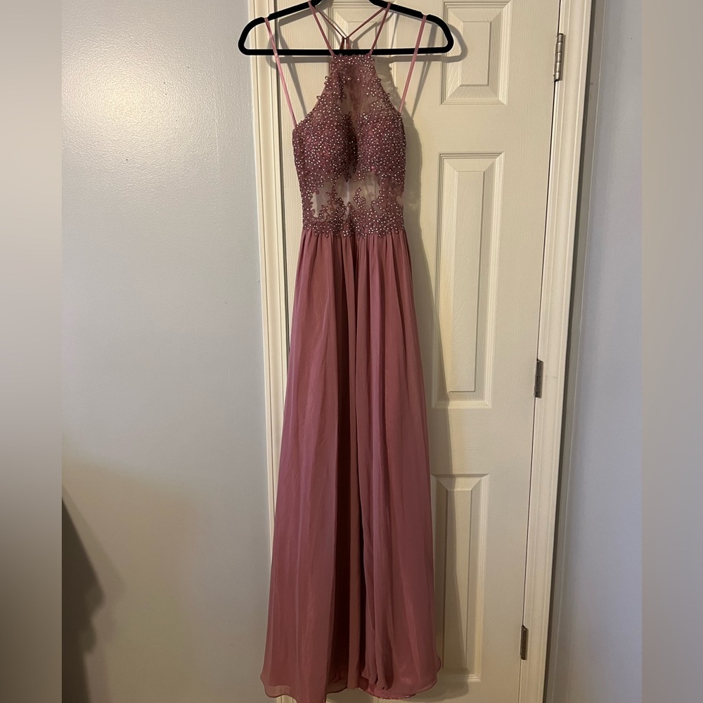 Blondie Nites Silver Sleeveless Halter Gown